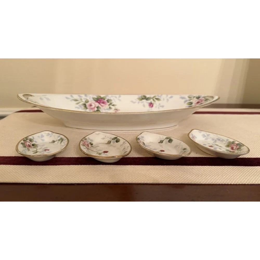 Vintage Hand-painted Nippon Porcelain Vegetable Dish & Open Salt Dishes Set